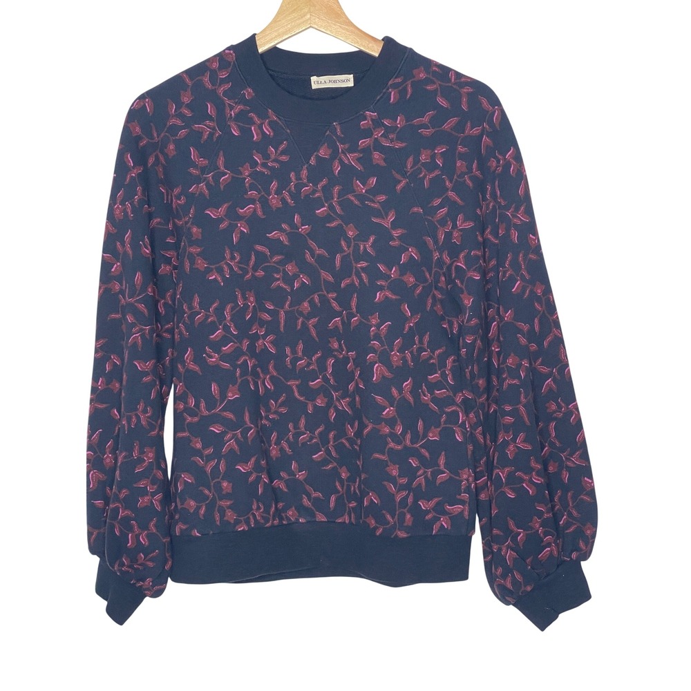 Ulla Johnson Navy Pink Floral Puff Sleeve Cotton Sweatshirt Size P Petite XS